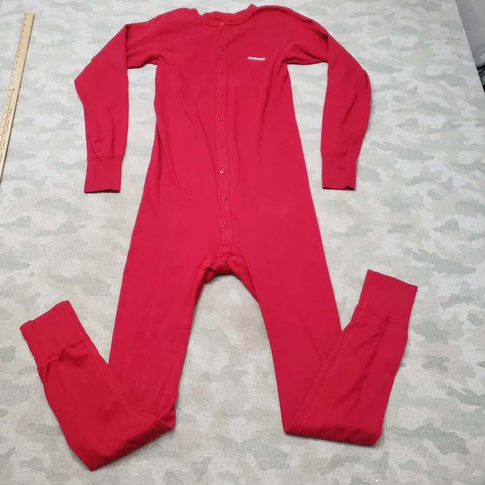 Carhartt Pajamas Union Suit Mens Medium Red Thermal Button Long Johns